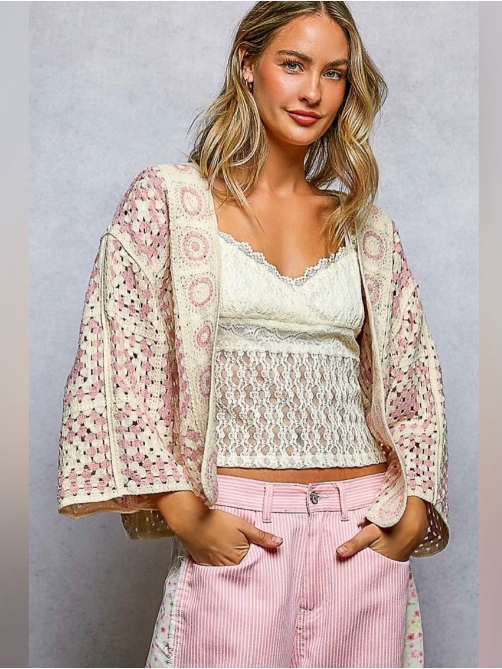 POL Pink Crochet Cardigan Boho Granny Square Kimono Oversized OS Festival